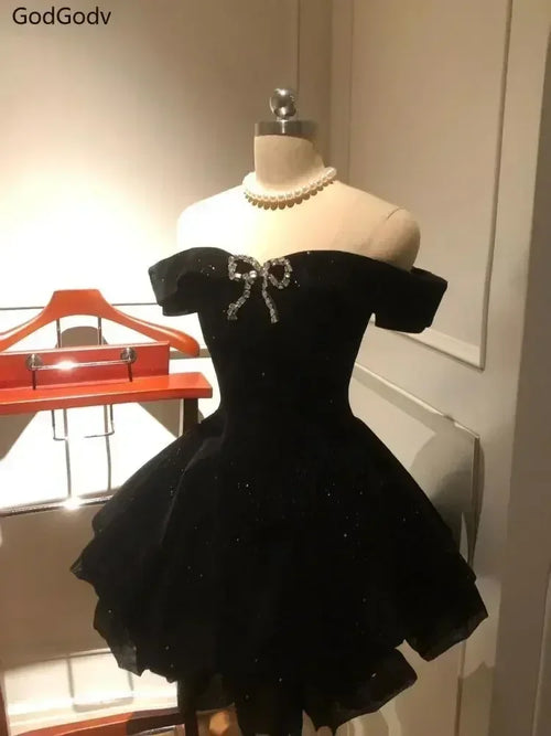 Black French Vintage Elegant Design Woman Dress Gothic Off Shoulder Retro Mini Dress Female Fairy Birthday Party Chic Outfits